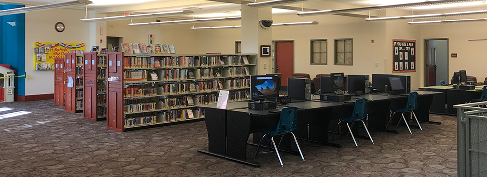 Computers and library bookshelves